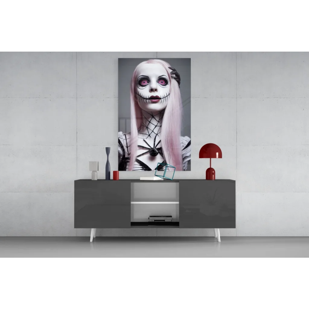 Gothic pink skeleton glass wall art with spiderweb design