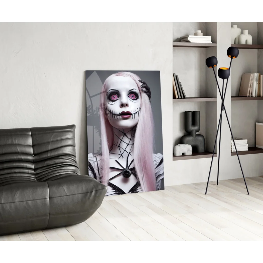 Gothic pink skeleton glass wall art with spiderweb design