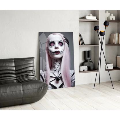 Gothic pink skeleton glass wall art with spiderweb design