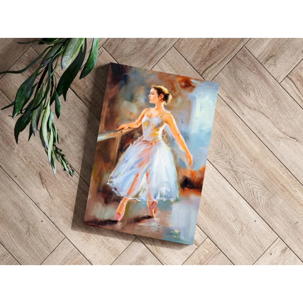 Graceful ballerina in flowing white tutu on soft pastel canvas art