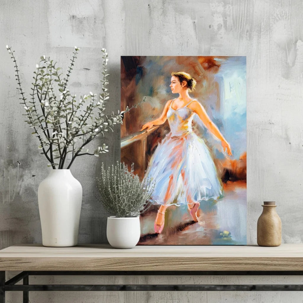 Graceful ballerina in flowing white tutu on soft pastel canvas art