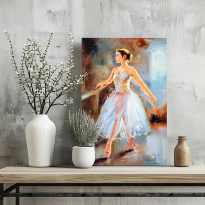 Graceful ballerina in flowing white tutu on soft pastel canvas art