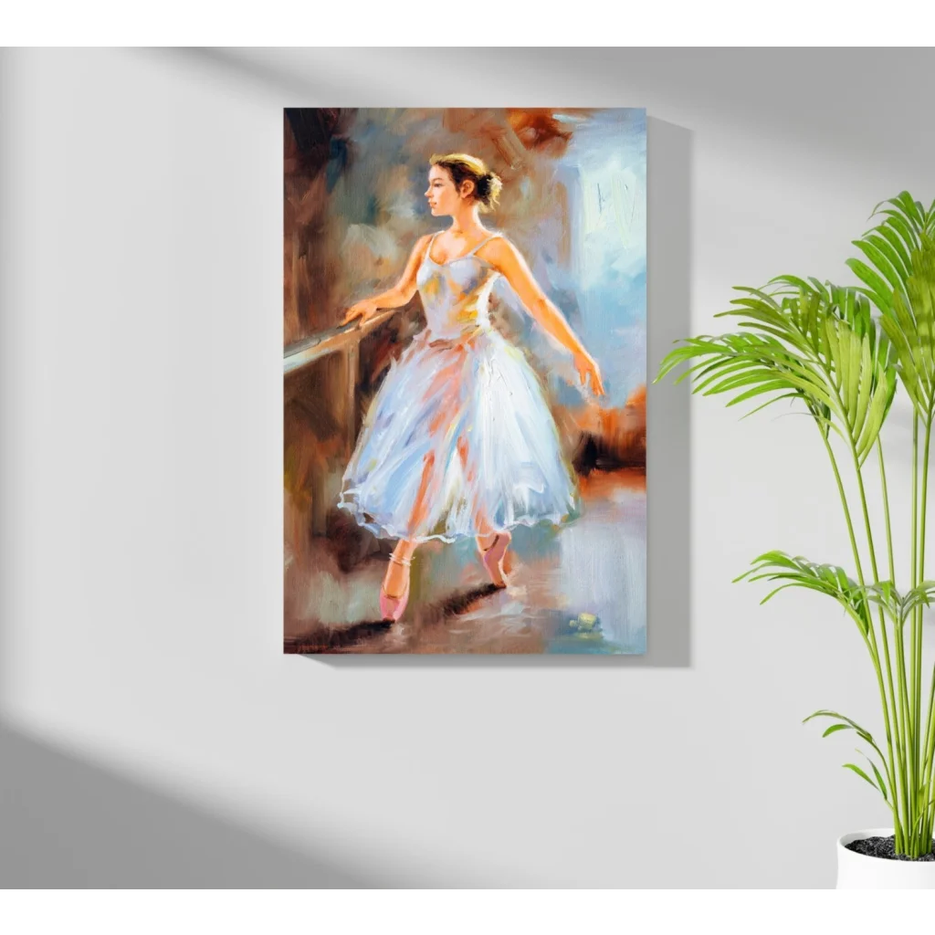 Soft pastel blue and white ballerina canvas art with gold accents