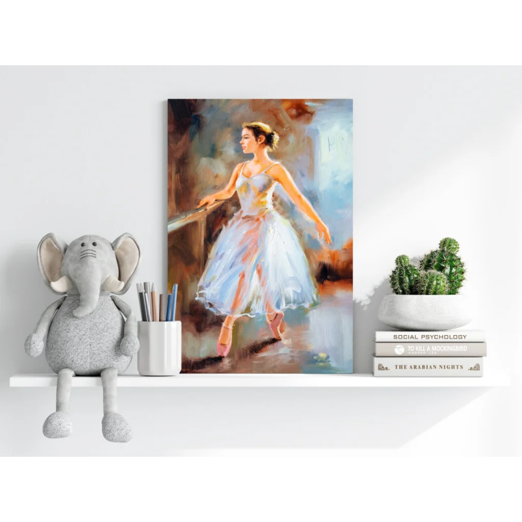 Soft impressionistic ballerina canvas art in flowing white tutu with pastel pink and gold accents