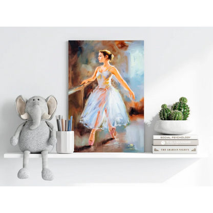 Soft impressionistic ballerina canvas art in flowing white tutu with pastel pink and gold accents