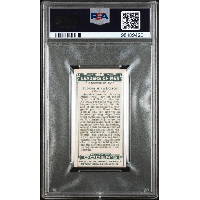 Graded 1924 Ogden's LTD. Leaders of Men Thomas Alva Edison #17 Baseball Tobacco Card PSA 7 Near Mint | PSA 7 NM Graded Vintage Baseball Tobacco Card | vintageantiquesgifts.com