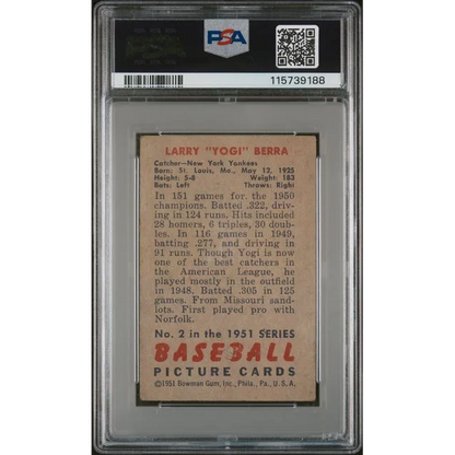Graded 1951 Bowman Yogi Berra #2 PSA 2 Good baseball card in slab
