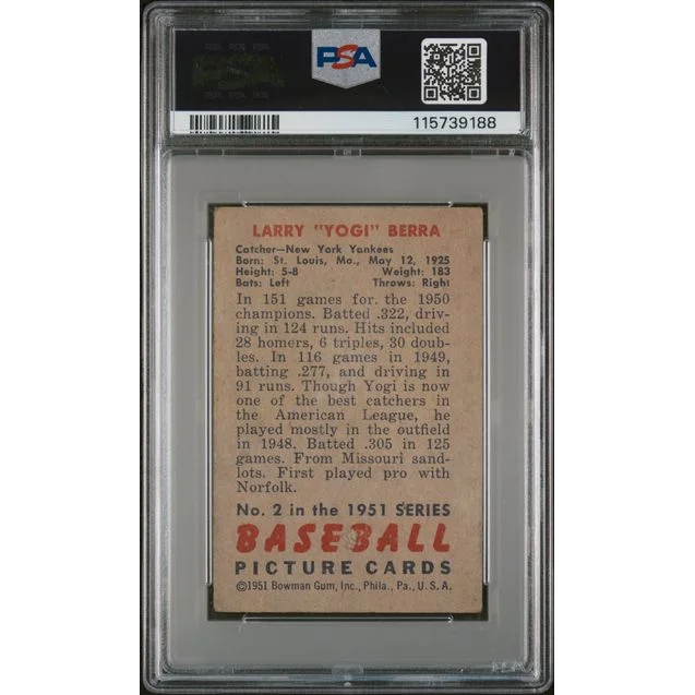 Graded 1951 Bowman Yogi Berra #2 Baseball Card PSA 2 Good