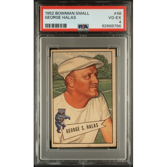 PSA graded 1952 Bowman George Halas vintage football card on display