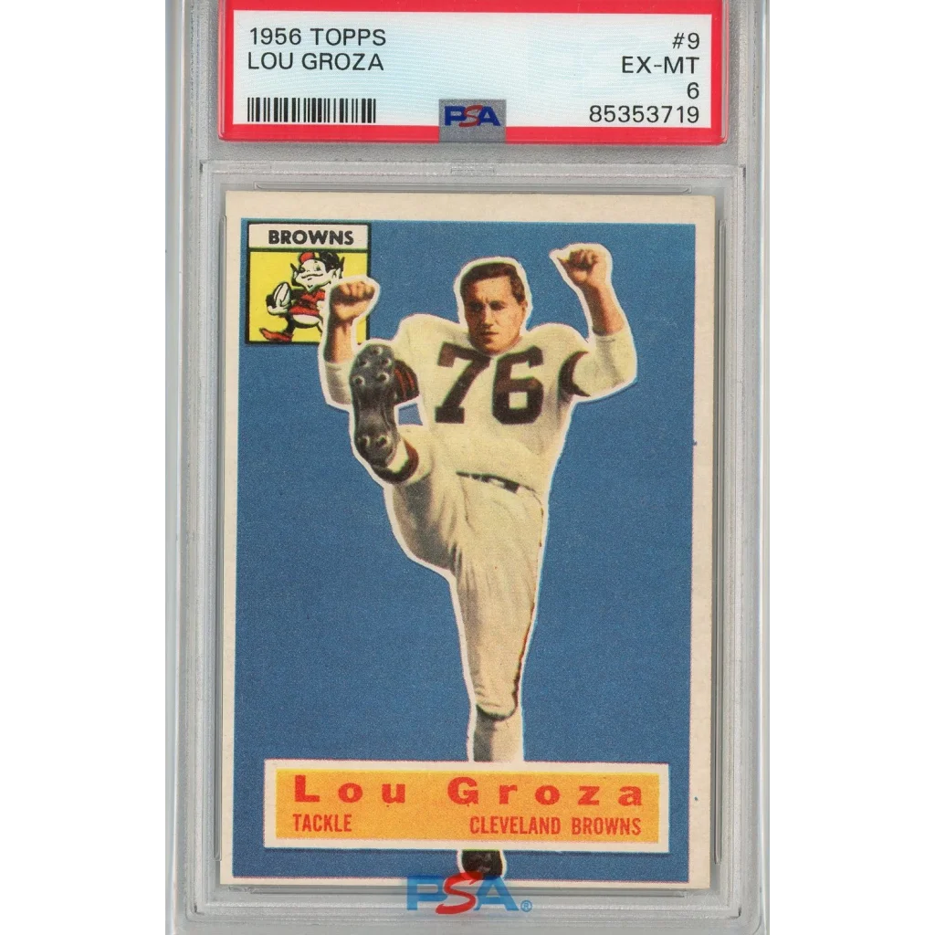 Graded 1956 Topps Lou Groza football card PSA vintage gem display