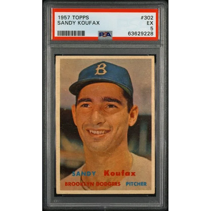 A graded 1957 Topps Sandy Koufax baseball card in PSA case for collectors
