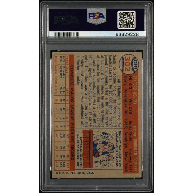 Vintage 1957 Topps Sandy Koufax baseball card PSA graded graded card image