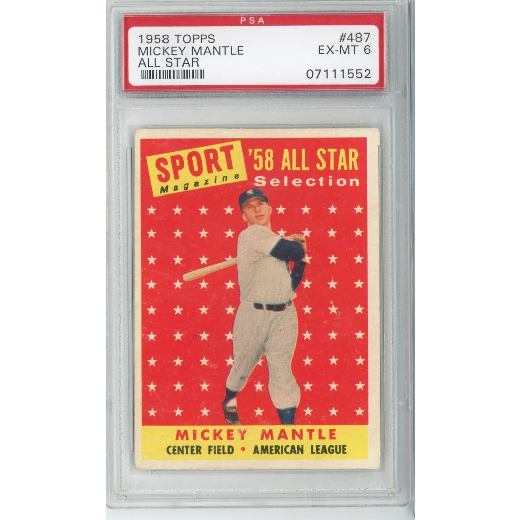 Graded 1958 Topps All Star Mickey Mantle #487 Baseball Card PSA 6 EX-MT