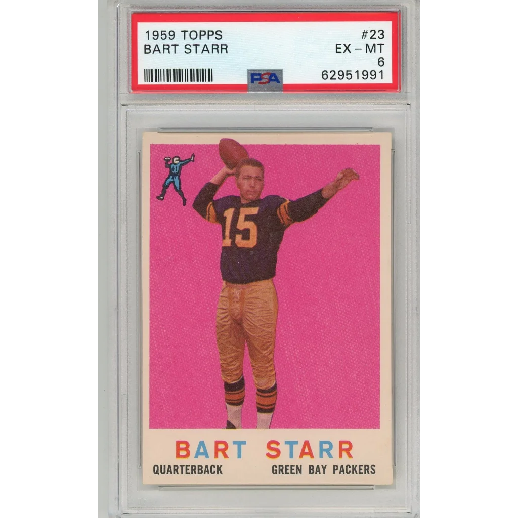 A graded 1959 Topps Bart Starr football card in PSA case for collectors