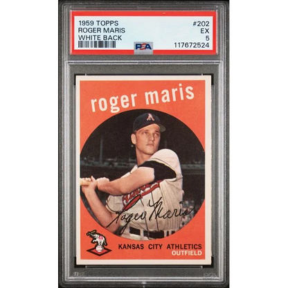 Graded 1959 Topps Roger Maris #202 White Back 2nd Year Baseball Card PSA 5 Excellent | Hall of Fame Sports Memorabilia | vintageantiquesgifts.com