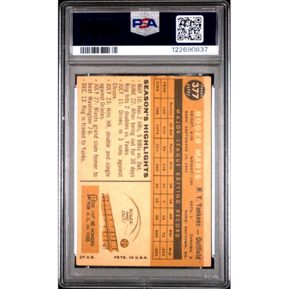 Graded 1960 Topps Roger Maris #377 PSA 4 VG-EX baseball card in slab
