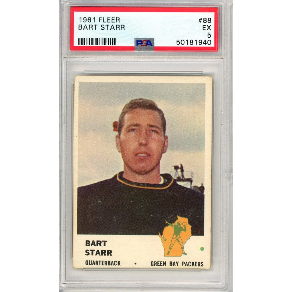 A graded 1961 Fleer Bart Starr football card in a PSA case