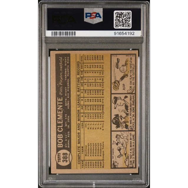 Graded 1961 Topps Bob Roberto Clemente #388 Baseball Card PSA 2 Good | PSA 2 Good Graded Vintage Baseball Card | vintageantiquesgifts.com