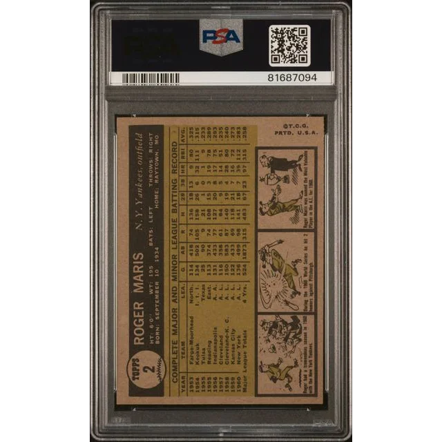 Graded 1961 Topps Roger Maris #2 Baseball Card PSA 5 Excellent | PSA 5 EX Graded Vintage Baseball Card | vintageantiquesgifts.com