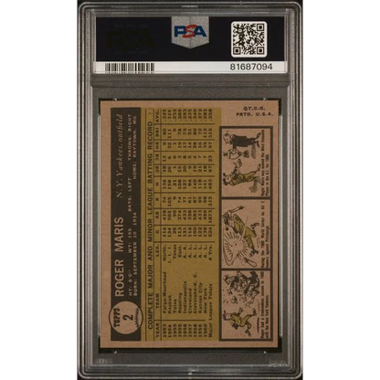 Graded 1961 Topps Roger Maris #2 Baseball Card PSA 5 Excellent | PSA 5 EX Graded Vintage Baseball Card | vintageantiquesgifts.com