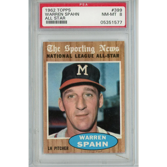 Graded 1962 Topps Warren Spahn All-Star baseball card in PSA case