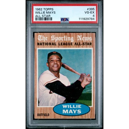Graded 1962 Topps All Star Willie Mays #395 Baseball Card PSA 4 VG-EX | Hall of Fame Sports Memorabilia | vintageantiquesgifts.com