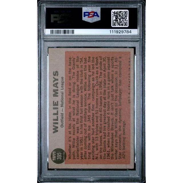 Graded 1962 Topps All Star Willie Mays #395 Baseball Card PSA 4 VG-EX | PSA 4 VG-EX Graded Vintage Baseball Card | vintageantiquesgifts.com