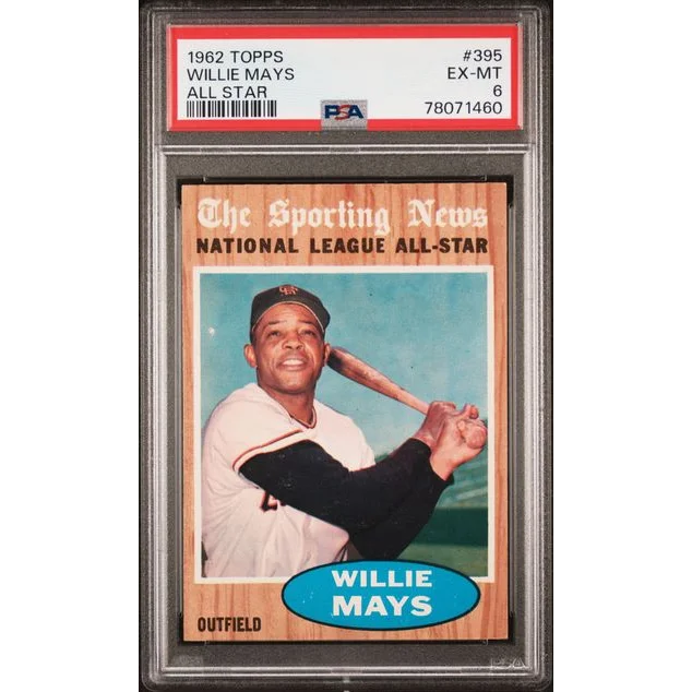 Graded 1962 Willie Mays Topps All-Star baseball card EX-MT 6 in product display