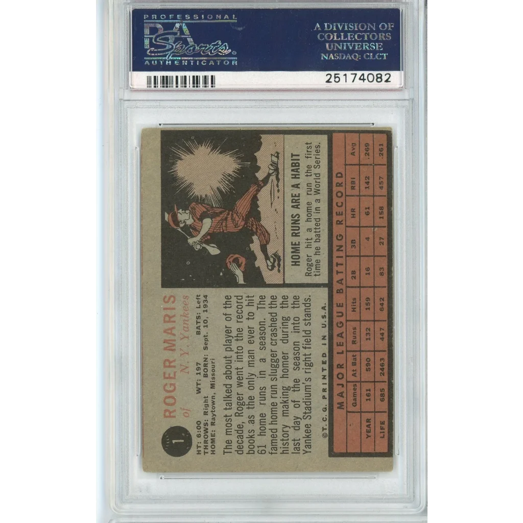 Graded 1962 Topps Roger Maris #1 Baseball Card PSA 3 Very Good | PSA 3 VG Graded Vintage Baseball Card | vintageantiquesgifts.com