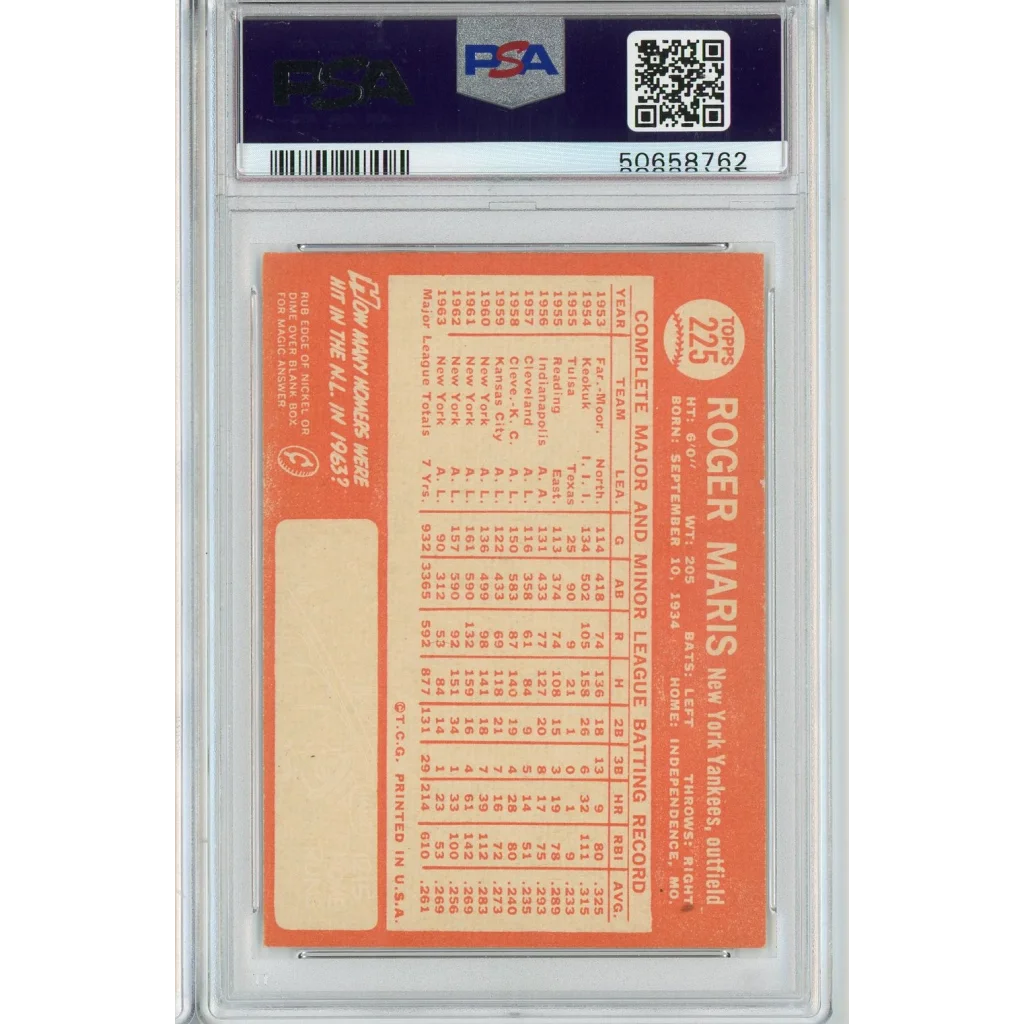 Graded 1964 Topps Roger Maris #225 Baseball Card PSA 6 EX-MT