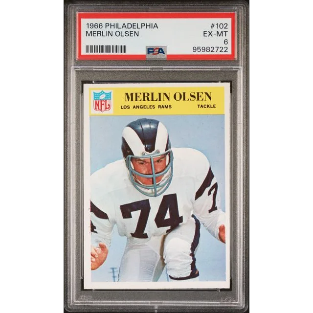 A graded 1966 Merlin Olsen rookie football card from the PSA Topps collection