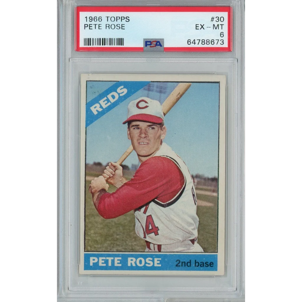 Graded 1966 Topps Pete Rose Reds card PSA 6 in red uniform