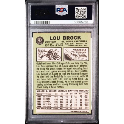 Vintage Lou Brock 1967 Topps baseball card in PSA graded collectible display