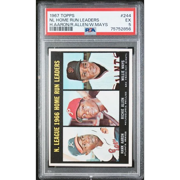 1967 Topps Baseball Card of NL Home Run Leaders Hank Aaron Richie Allen Willie Mays graded EX 5