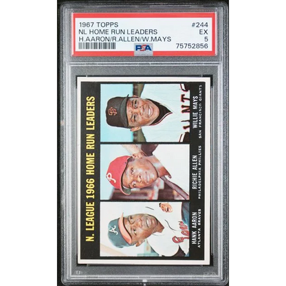 1967 Topps Baseball Card of NL Home Run Leaders Hank Aaron Richie Allen Willie Mays graded EX 5