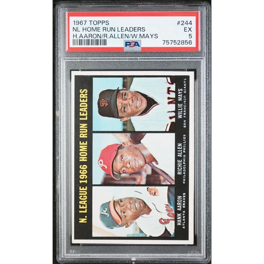 1967 Topps Baseball Card of NL Home Run Leaders Hank Aaron Richie Allen Willie Mays graded EX 5