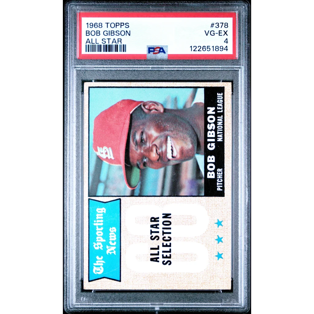 Graded 1968 Topps Bob Gibson #378 All-Star card PSA 4 smiling portrait