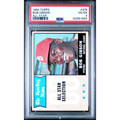 Graded 1968 Topps Bob Gibson #378 All-Star card PSA 4 smiling portrait