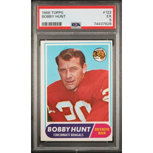 Graded 1968 Topps Bobby Hunt Football Card in Treasure showcase
