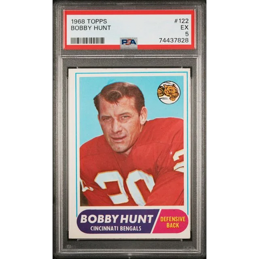 Graded 1968 Topps Bobby Hunt Football Card in Treasure showcase
