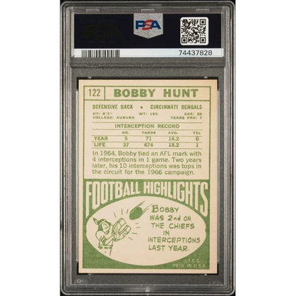 Vintage Graded 1968 Topps Bobby Hunt Football Card in a collectible treasure box