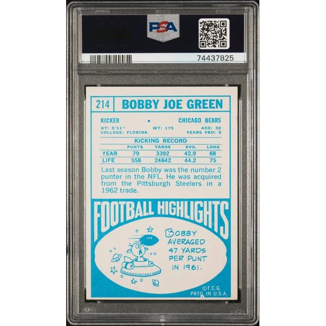 Graded 1968 Topps Bobby Joe Green #214 Football Card PSA 6 EX-MT | PSA 6 EX-MT Graded Vintage Football Card | vintageantiquesgifts.com