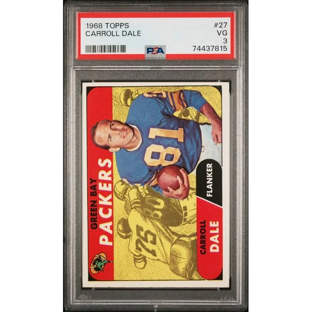 Graded 1968 Topps Carroll Dale #27 Packers card PSA 3, blue jersey gold 81
