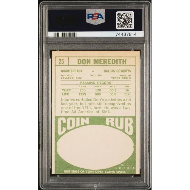 Vintage 1968 Topps Don Meredith Football Card in PSA graded slab EX 5