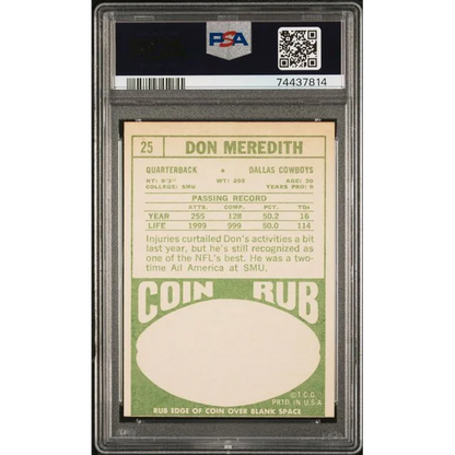 Vintage 1968 Topps Don Meredith Football Card in PSA graded slab EX 5