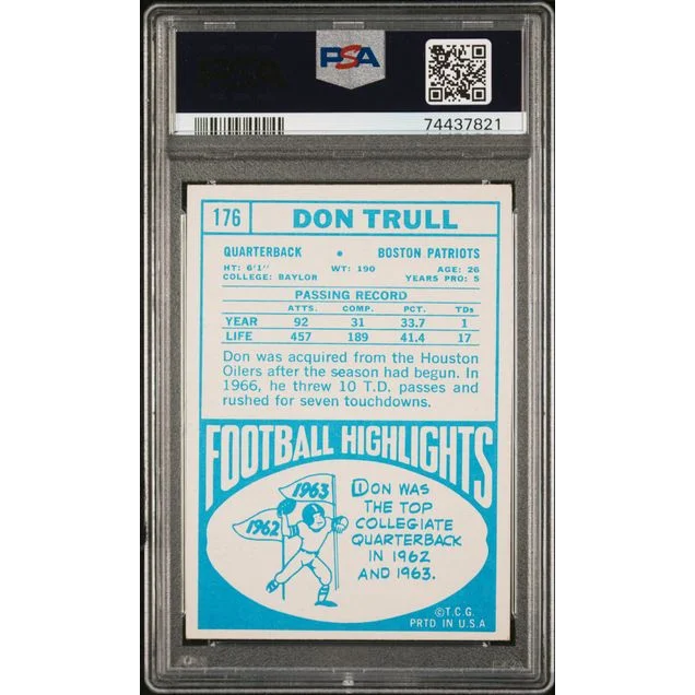 Vintage 1968 Topps Don Trull Boston Patriots football trading card graded PSA 7