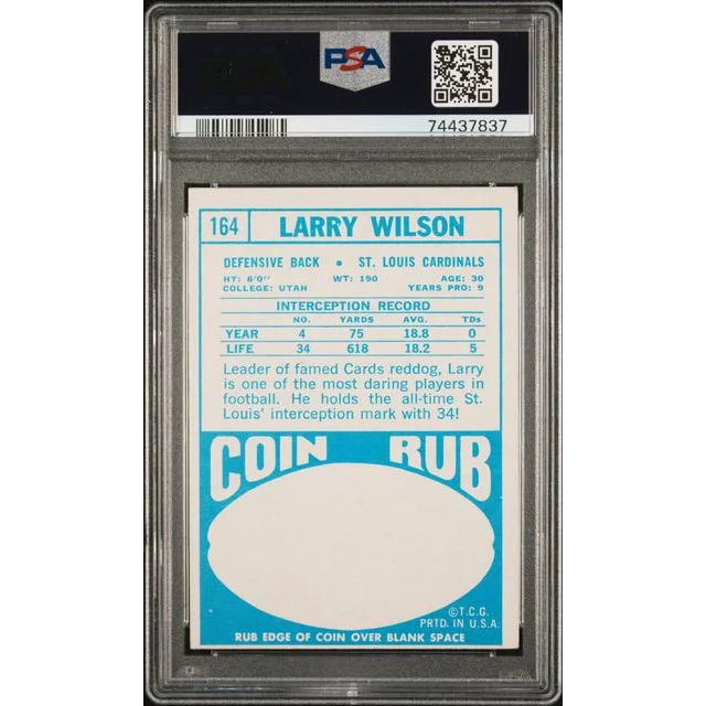 Graded Larry Wilson St Louis Cardinals football card from 1968 in PSA 6 condition
