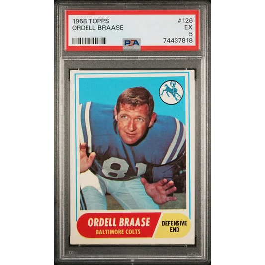 Graded 1968 Topps Ordell Braase #126 Football Card PSA 5 Excellent | Hall of Fame Sports Memorabilia | vintageantiquesgifts.com