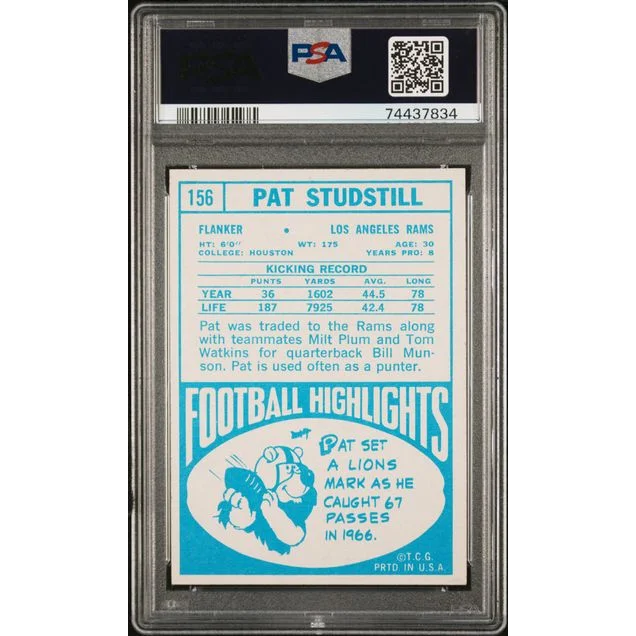 Vintage 1968 Topps Pat Studstill football card graded PSA 7 by professional sports authenticator