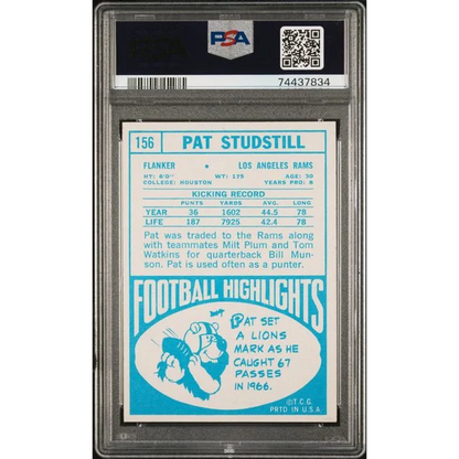 Vintage 1968 Topps Pat Studstill football card graded PSA 7 by professional sports authenticator